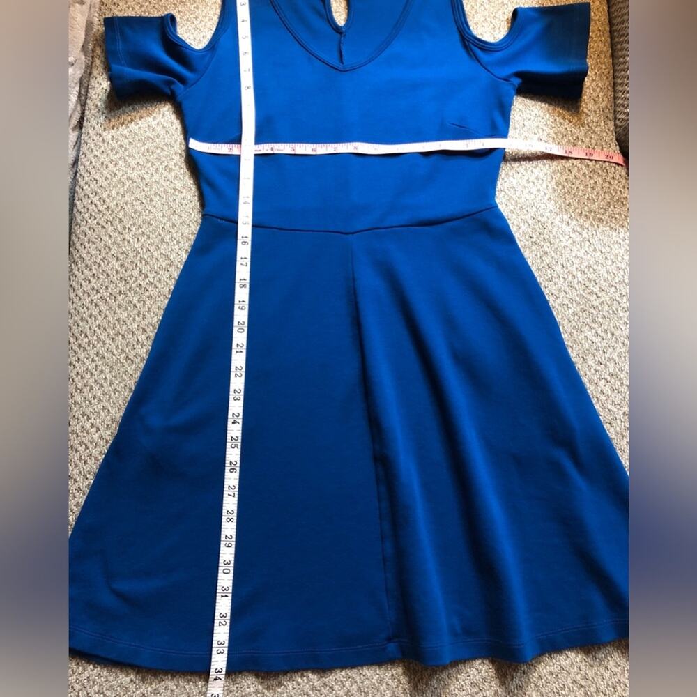 New York & Company Cobalt Blue Cold Shoulder Dress Flattering Fit & Flare Design - Picture 10 of 16